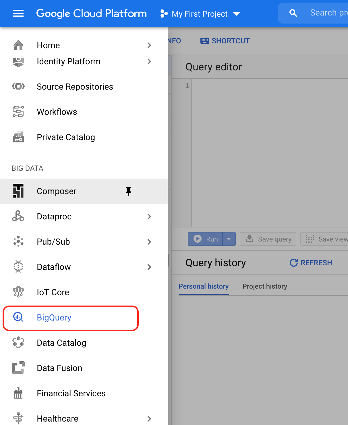 BigQuery menu