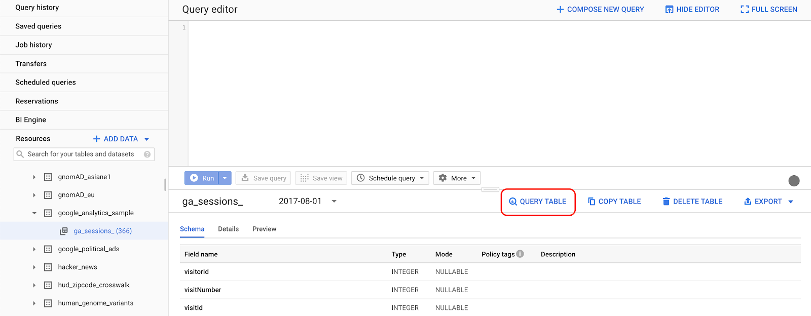 BigQuery query editor