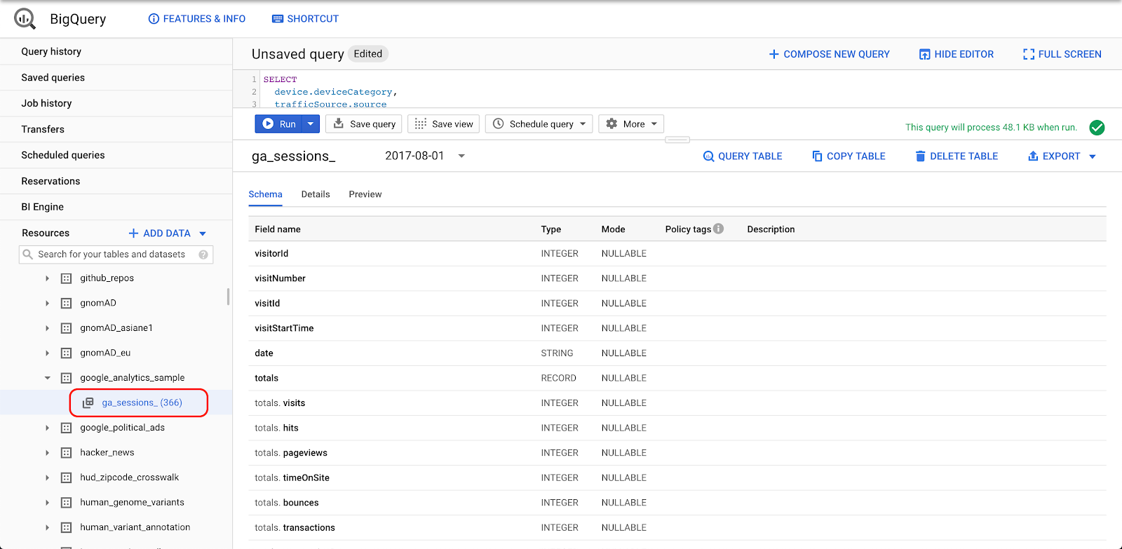 BigQuery schema viewer