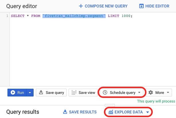 BigQuery Editor Highlight Schedule and DataStudio